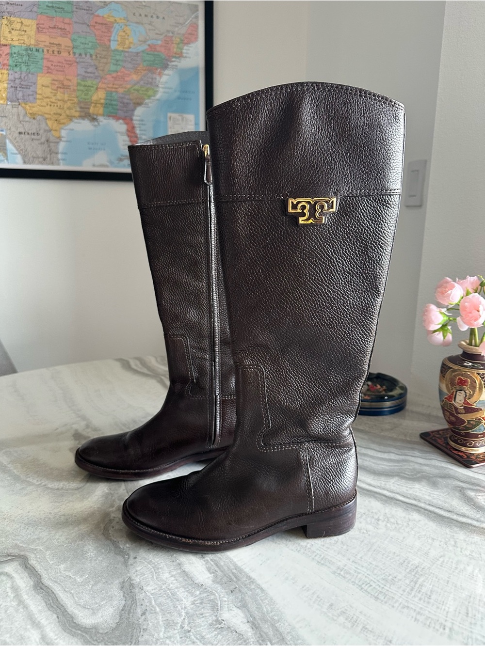 Tory Burch Pebbled Leather Tall Riding Boots